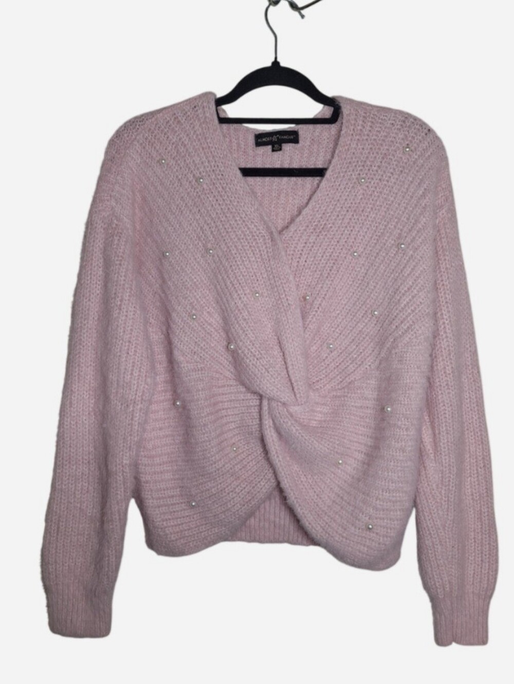 Almost Famous Cropped Twist Sweater Faux Pearl Size XL Light Pink Knit Fuzzy